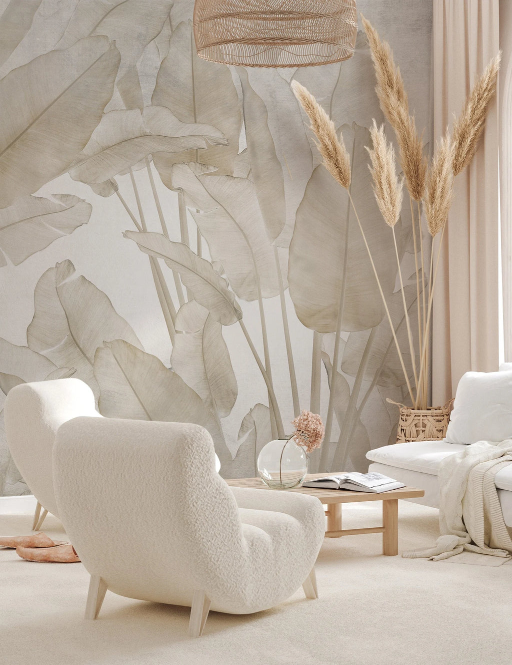 Banana Leaf Wallpaper Tropical Wall Mural Beige Peel and Stick
